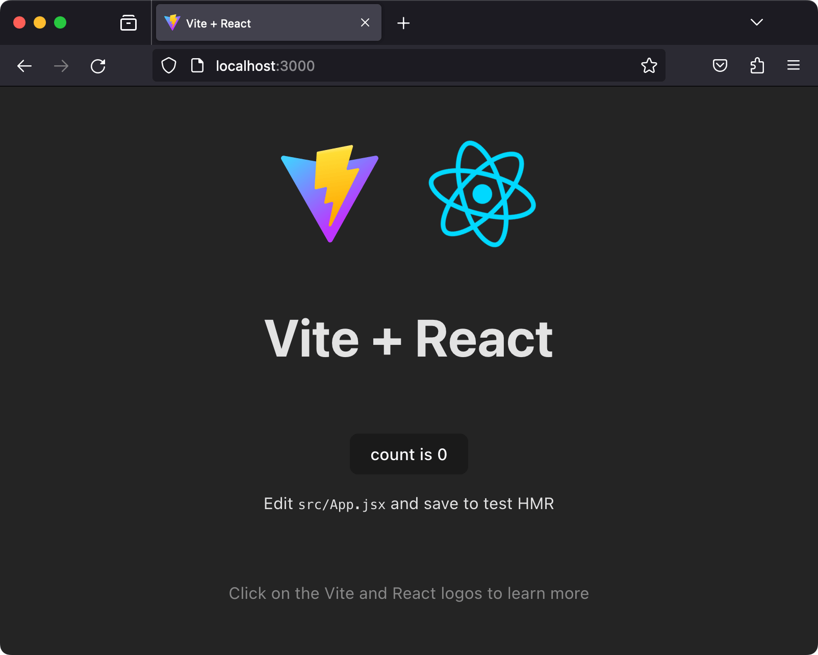 Screenshot of Firefox macOS open to localhost:3000, showing an application made from Vite's React template