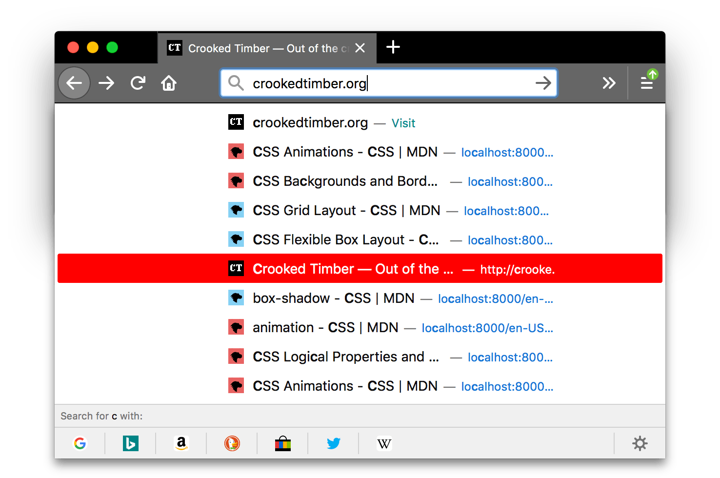 Screenshot von Firefox ist schwarz. Die Tabs und die URL-Leiste des Browsers sind hellgrau mit Symbolen und Text in Weiß. Ein Suchergebnisse-Popup wird angezeigt, wobei das Hintergrund eines markierten Elements rot ist. Die Hintergrundfarbe des markierten Elements innerhalb des Popups ist rot.