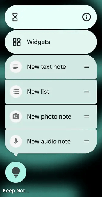 Android のアプリランチャーで、長押しされたアプリアイコンが表示されています。ショートカットメニューが表示され、一般的な操作が表示されています。